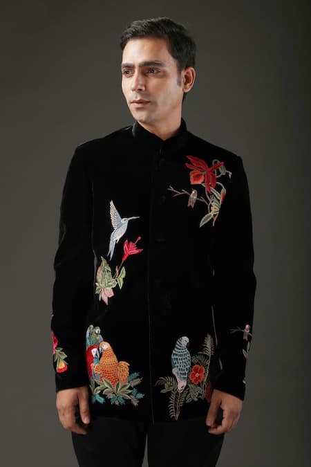 Rohit Bal_Black Velvet, Lining Bird, Floral Resham Embroidered Bandhgala _Online_at_Aza_Fashions
