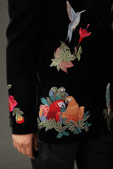 Buy_Rohit Bal_Black Velvet, Lining Bird, Floral Resham Embroidered Bandhgala _Online_at_Aza_Fashions
