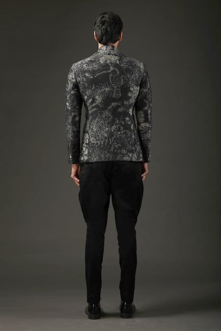 Shop_Rohit Bal_Black Chanderi , Lining Bird, Floral Shibori Print Bandhgala _at_Aza_Fashions