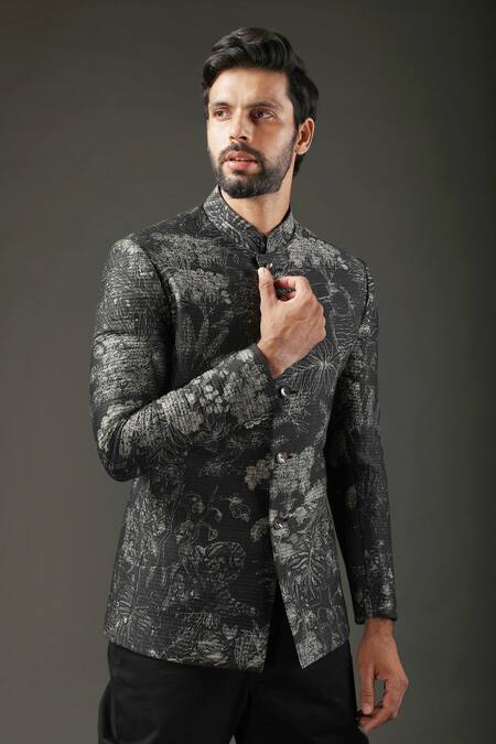 Rohit Bal_Black Chanderi , Lining Bird, Floral Shibori Print Bandhgala _Online_at_Aza_Fashions