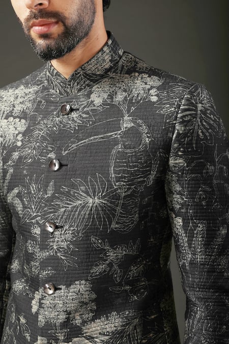 Buy_Rohit Bal_Black Chanderi , Lining Bird, Floral Shibori Print Bandhgala _Online_at_Aza_Fashions