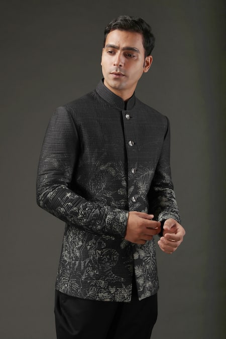 Rohit Bal_Black Chanderi , Lining Floral Shibori Print Bandhgala _Online_at_Aza_Fashions