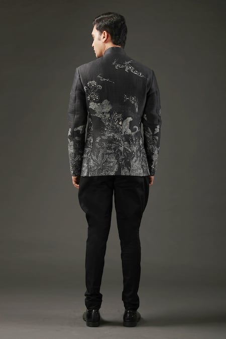 Shop_Rohit Bal_Black Chanderi , Lining Floral, Animal Shibori Print Bandhgala _at_Aza_Fashions