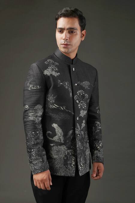 Rohit Bal_Black Chanderi , Lining Floral, Animal Shibori Print Bandhgala _Online_at_Aza_Fashions