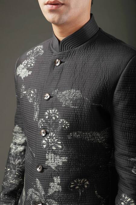 Buy_Rohit Bal_Black Chanderi , Lining Floral, Animal Shibori Print Bandhgala _Online_at_Aza_Fashions