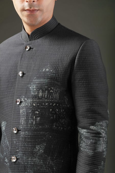 Rohit Bal_Black Chanderi , Lining Mughal Shibori Print Bandhgala _Online_at_Aza_Fashions