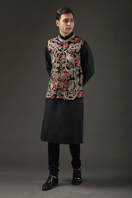 Adorned With Black Velvet Mandarin Collar Nehru Jacket - Zakarto