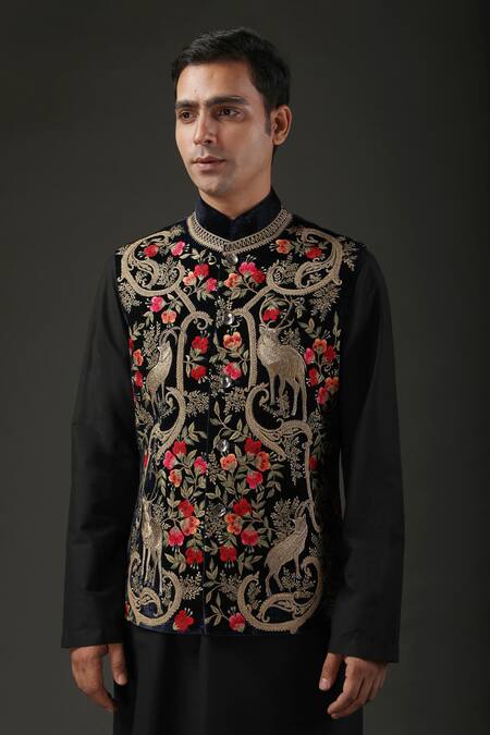 Rohit Bal_Black Velvet, Lining Resham, Zari Embroidered Nehru Jacket _Online_at_Aza_Fashions