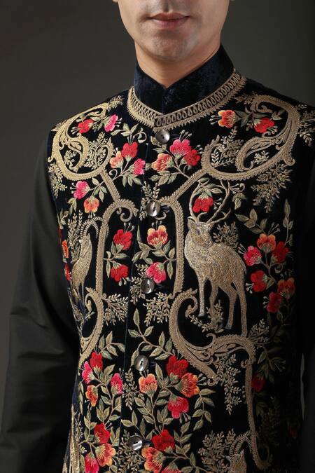 Buy_Rohit Bal_Black Velvet, Lining Resham, Zari Embroidered Nehru Jacket _Online_at_Aza_Fashions