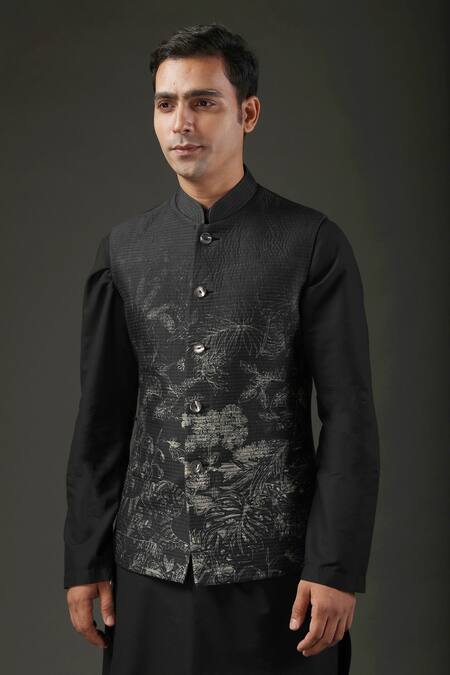 Rohit Bal_Black Chanderi , Lining Floral Shibori Print Nehru Jacket _Online_at_Aza_Fashions