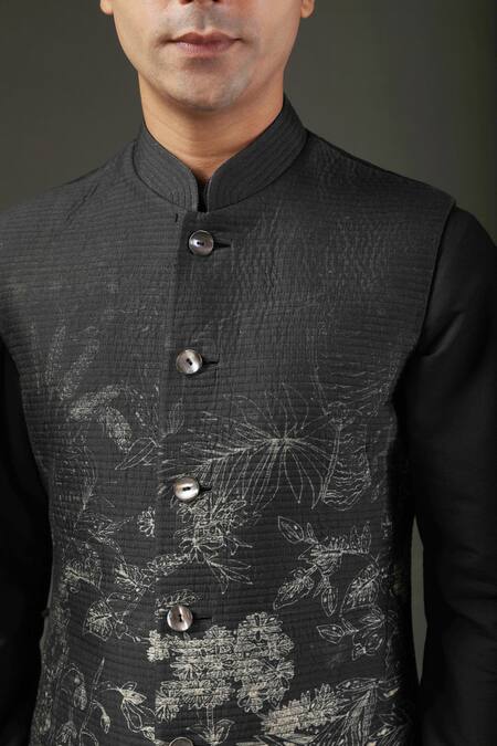 Buy_Rohit Bal_Black Chanderi , Lining Floral Shibori Print Nehru Jacket _Online_at_Aza_Fashions