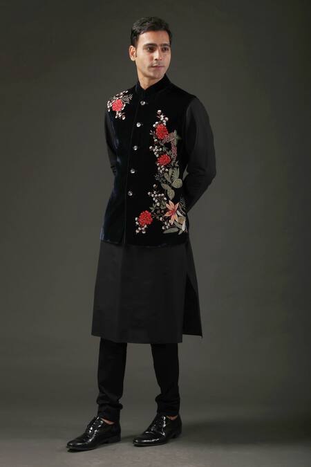 Rohit Bal_Black Velvet, Lining Floral Embroidered Nehru Jacket _Online_at_Aza_Fashions