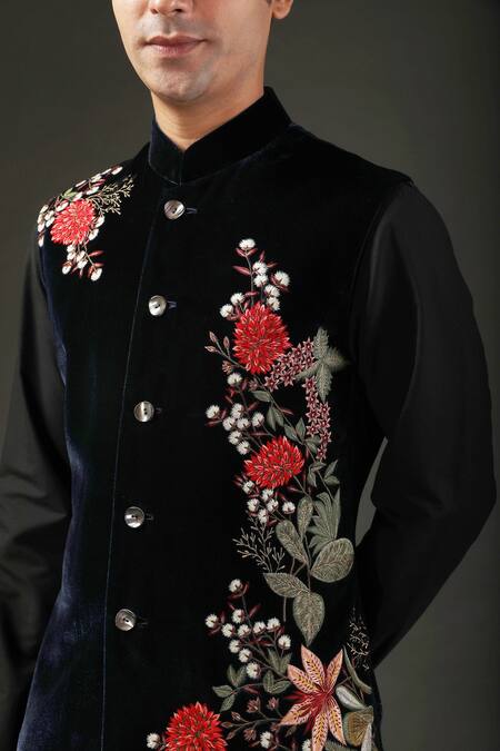 Buy_Rohit Bal_Black Velvet, Lining Floral Embroidered Nehru Jacket _Online_at_Aza_Fashions