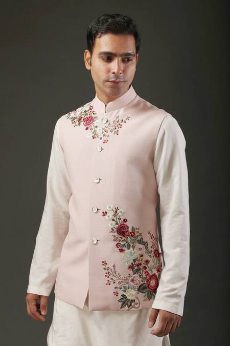 Rohit Bal_Pink Matka , Lining Floral Resham Embroidered Nehru Jacket _Online_at_Aza_Fashions