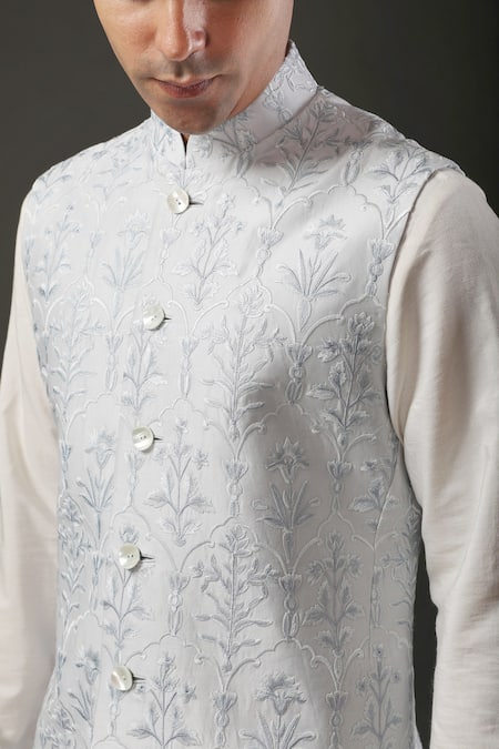 Rohit Bal_Blue Chanderi , Lining Mughal Embroidered Nehru Jacket _Online_at_Aza_Fashions