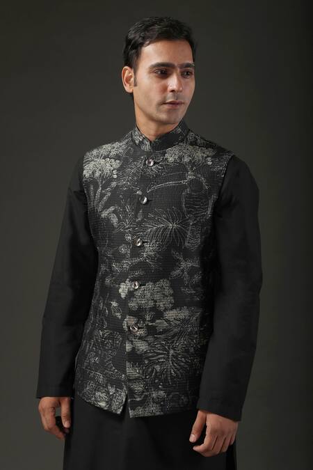 Rohit Bal_Black Chanderi , Lining Bird, Floral Shibori Print Nehru Jacket _Online_at_Aza_Fashions