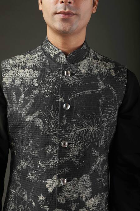 Buy_Rohit Bal_Black Chanderi , Lining Bird, Floral Shibori Print Nehru Jacket _Online_at_Aza_Fashions