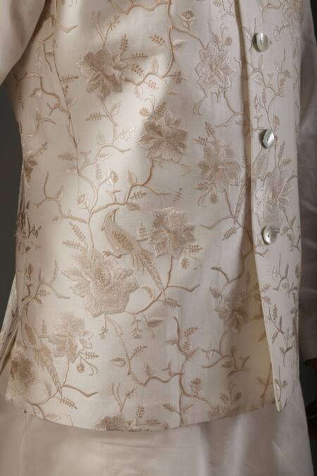 Rohit Bal_Ivory Chanderi , Lining Bird, Floral Embroidered Nehru Jacket _Online_at_Aza_Fashions