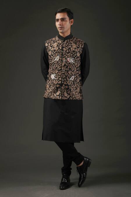 Rohit Bal_Black Chanderi , Lining Bird, Floral Embroidered Nehru Jacket _Online_at_Aza_Fashions