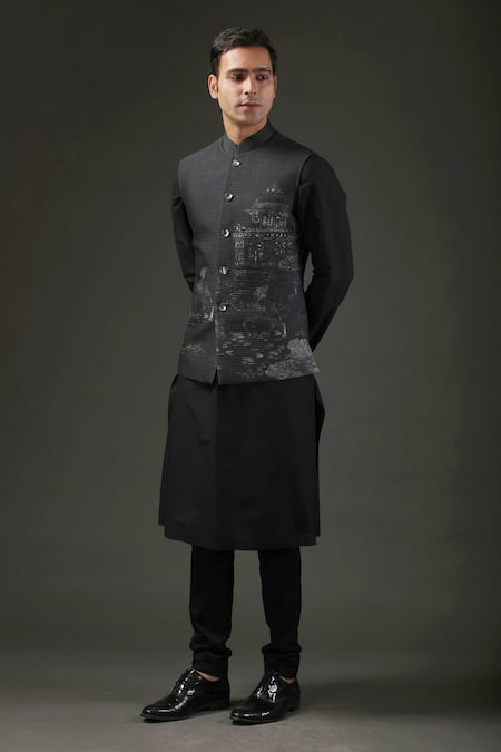 Rohit Bal_Black Chanderi , Lining Animal, Mughal Shibori Print Nehru Jacket _Online_at_Aza_Fashions
