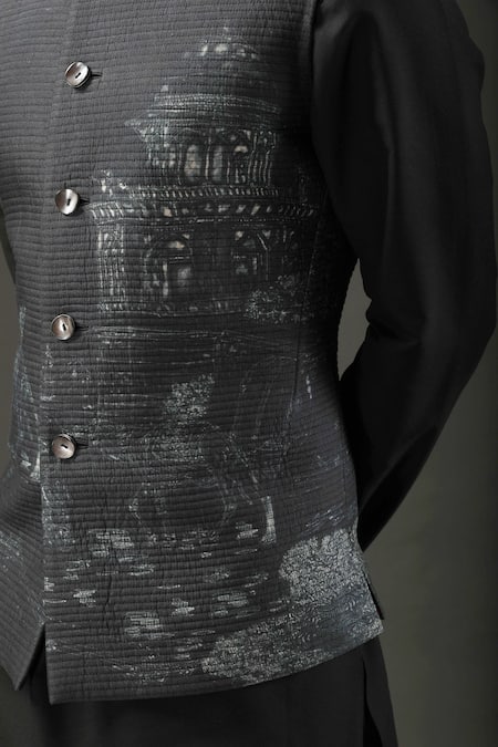 Buy_Rohit Bal_Black Chanderi , Lining Animal, Mughal Shibori Print Nehru Jacket _Online_at_Aza_Fashions