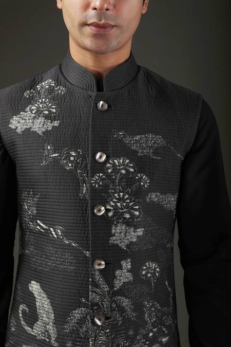 Rohit Bal_Black Chanderi , Lining Floral, Animal Shibori Print Nehru Jacket _Online_at_Aza_Fashions