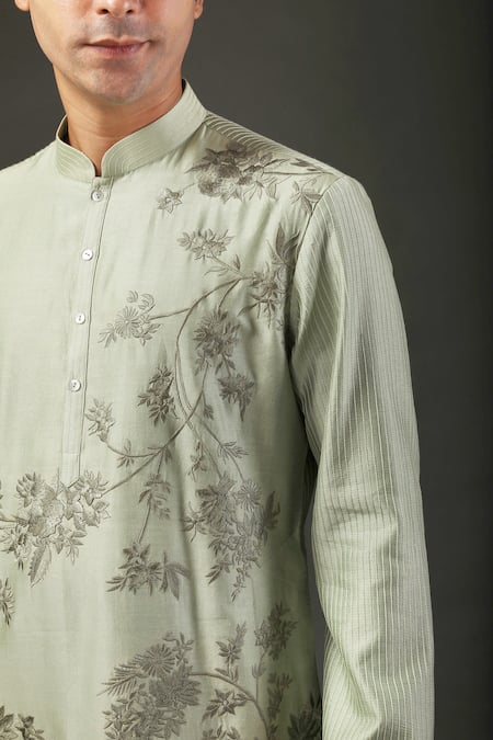 Rohit Bal_Green Churidar And Lining Cotton, Kurta Chanderi Silk Resham Embroidered Set _Online_at_Aza_Fashions