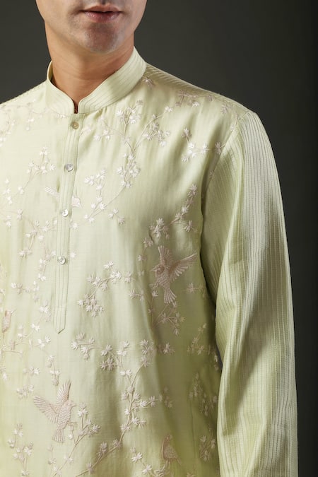 Rohit Bal_Green Churidar And Lining Cotton, Kurta Chanderi Silk Resham Embroidered Set _Online_at_Aza_Fashions