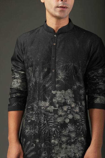 Rohit Bal_Black Churidar And Lining Cotton, Kurta Chanderi Silk Floral Shibori Print Set _Online_at_Aza_Fashions