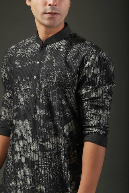 Rohit Bal_Black Churidar And Lining Cotton, Kurta Chanderi Silk Floral Shibori Print Set _Online_at_Aza_Fashions