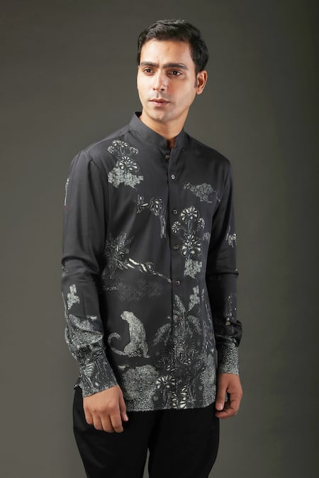 Rohit Bal Black Poplin Shibori Print Shirt Online at Aza Fashions Rohit Bal_Black Poplin Shibori Print Shirt _Online_at_Aza_Fashions