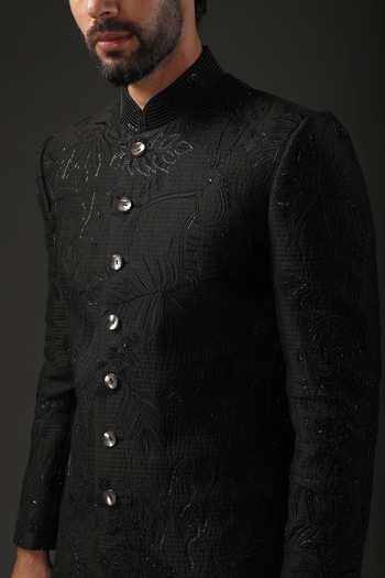 Rohit Bal_Black Chanderi , Lining Resham, Thread Quilted Sherwani _Online_at_Aza_Fashions