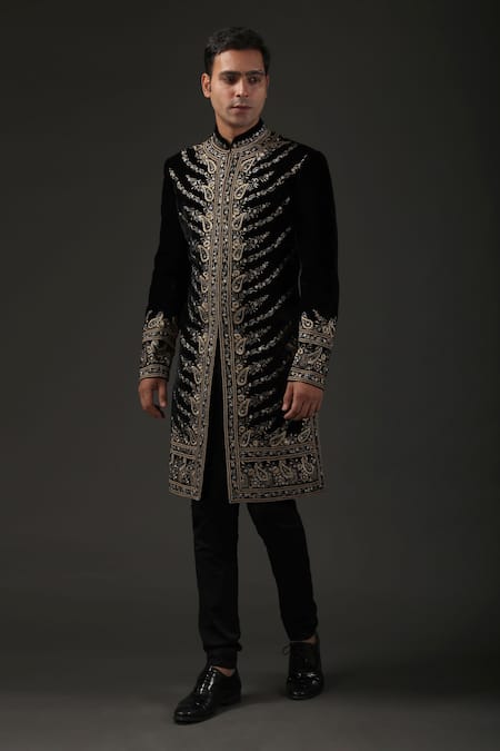 Rohit Bal_Black Velvet, Lining Resham Embroidered Sherwani _Online_at_Aza_Fashions