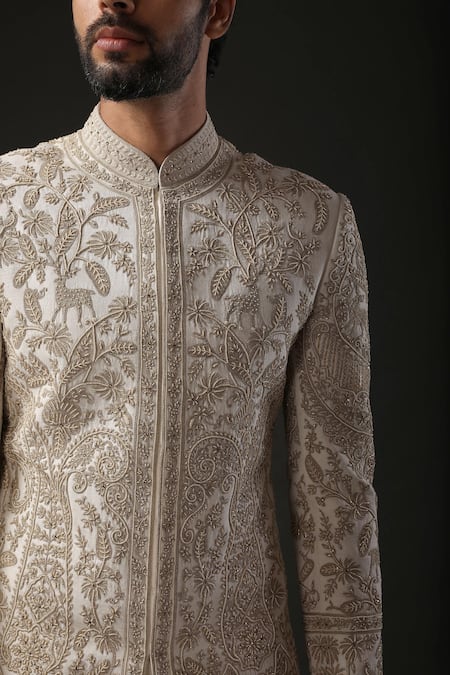 Rohit Bal Ivory Matka , Lining Dori, Pearl Embroidered Sherwani Online at Aza Fashions Rohit Bal_Ivory Matka , Lining Dori, Pearl Embroidered Sherwani _Online_at_Aza_Fashions