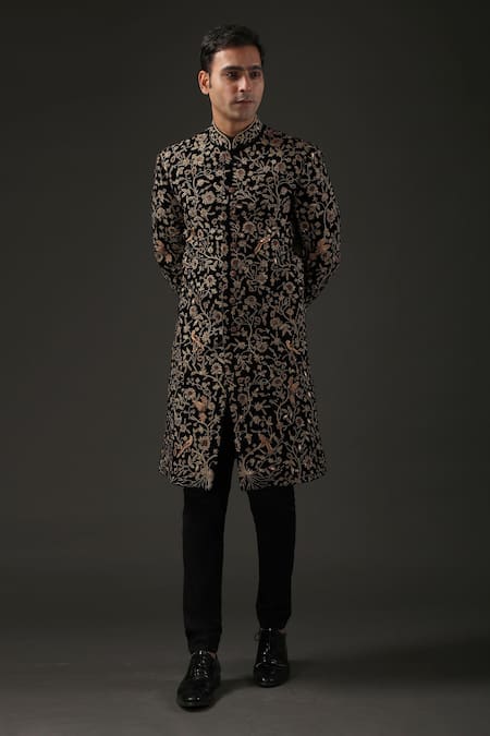 Rohit Bal_Black Velvet, Lining Zari Embroidered Sherwani _Online_at_Aza_Fashions