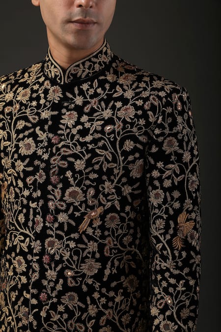 Buy_Rohit Bal_Black Velvet, Lining Zari Embroidered Sherwani _Online_at_Aza_Fashions
