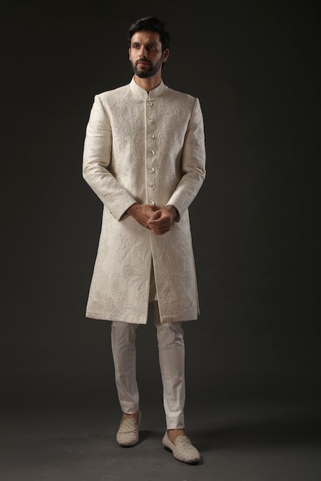Rohit Bal_Ivory Chanderi , Lining Resham Embroidered Sherwani _Online_at_Aza_Fashions