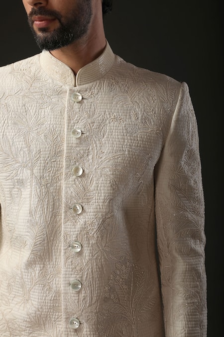 Buy_Rohit Bal_Ivory Chanderi , Lining Resham Embroidered Sherwani _Online_at_Aza_Fashions