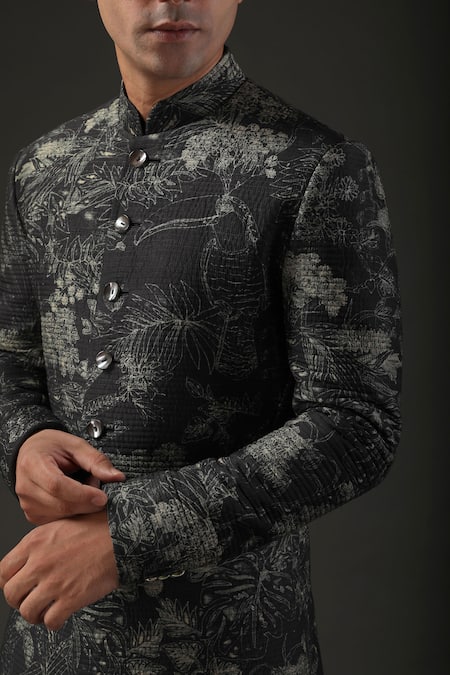 Rohit Bal_Black Chanderi , Lining Shibori Quilted Print Sherwani _Online_at_Aza_Fashions