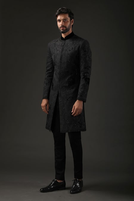 Rohit Bal_Black Matka , Lining Resham Embroidered Sherwani _Online_at_Aza_Fashions