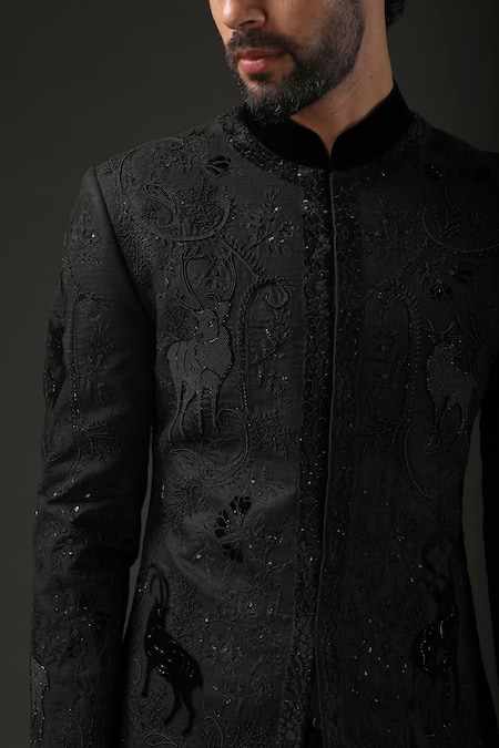 Buy_Rohit Bal_Black Matka , Lining Resham Embroidered Sherwani _Online_at_Aza_Fashions