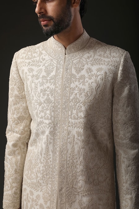 Rohit Bal_Ivory Matka , Lining Resham Embroidered Sherwani _Online_at_Aza_Fashions
