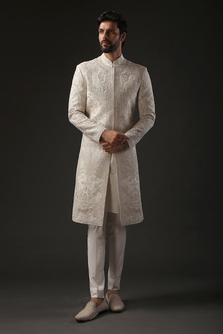 Rohit Bal Ivory Matka Silk Embroidered Resham Sherwani  