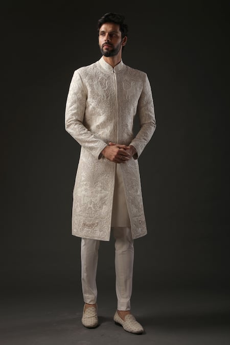 Rohit Bal_Ivory Matka , Lining Dori, Resham Embroidered Sherwani _Online_at_Aza_Fashions