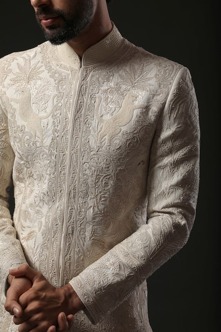 Buy_Rohit Bal_Ivory Matka , Lining Dori, Resham Embroidered Sherwani _Online_at_Aza_Fashions
