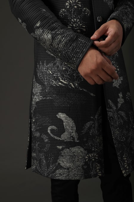 Rohit Bal_Black Chanderi , Lining Shibori Quilted Print Sherwani _Online_at_Aza_Fashions
