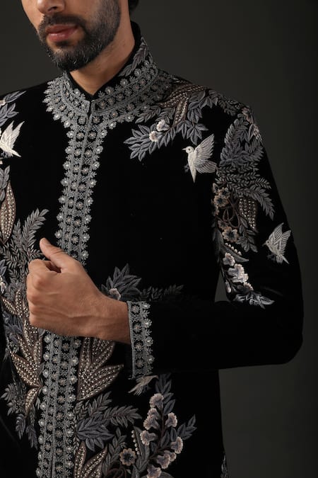 Rohit Bal_Black Velvet, Lining Resham Embroidered Sherwani _Online_at_Aza_Fashions