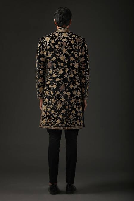 Shop_Rohit Bal_Black Silk Velvet Embroidered Zari Sherwani  _at_Aza_Fashions