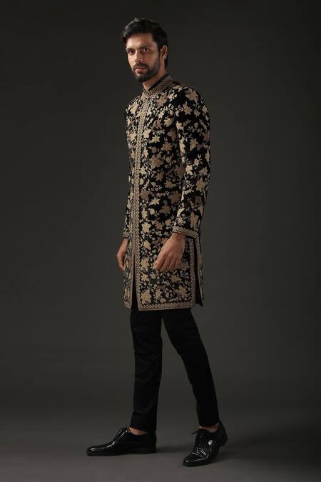 Rohit Bal_Black Silk Velvet Embroidered Zari Sherwani  _Online_at_Aza_Fashions