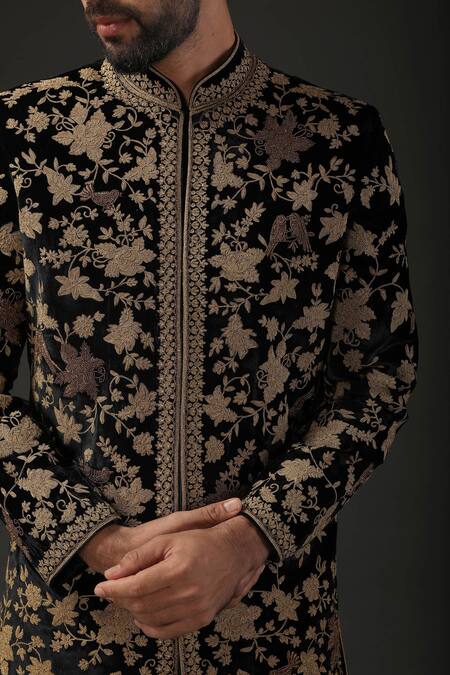 Buy_Rohit Bal_Black Silk Velvet Embroidered Zari Sherwani  _Online_at_Aza_Fashions